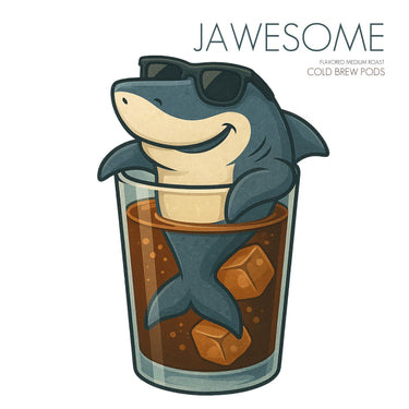A cartoon shark in sunglasses lounges in iced coffee with two ice cubes, bringing a tropical vibe. JAWESOME and info about 🦈 Jawesome Cold Brew Pods are featured in the top right corner.